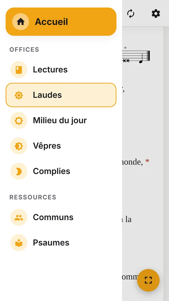 Menu des offices avec icônes